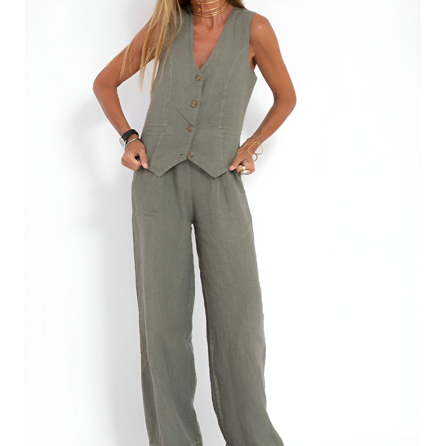 Dames Set - Geknoopt Vest - Brede Pantalon - Elegante Uitstraling