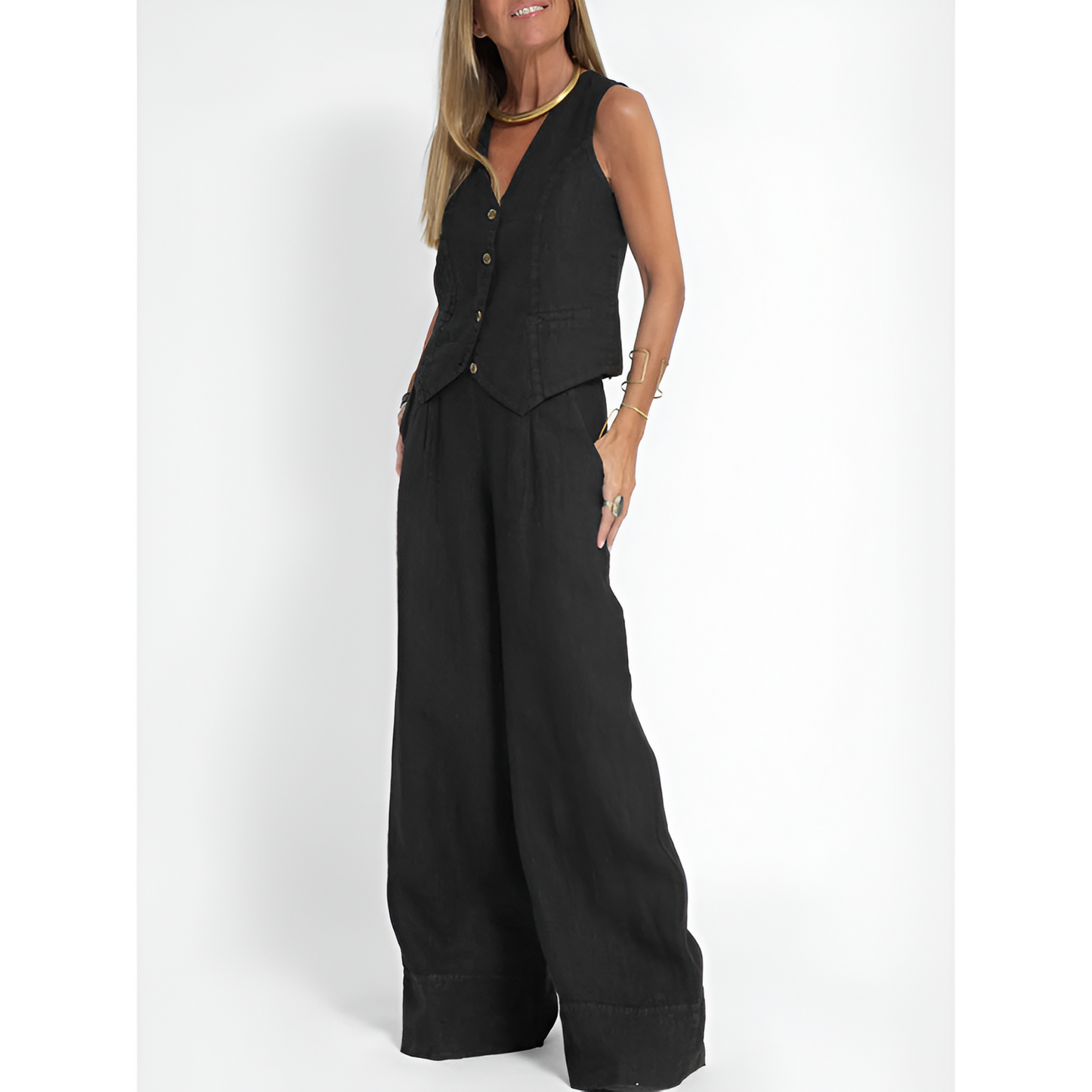 Dames Set - Geknoopt Vest - Brede Pantalon - Elegante Uitstraling