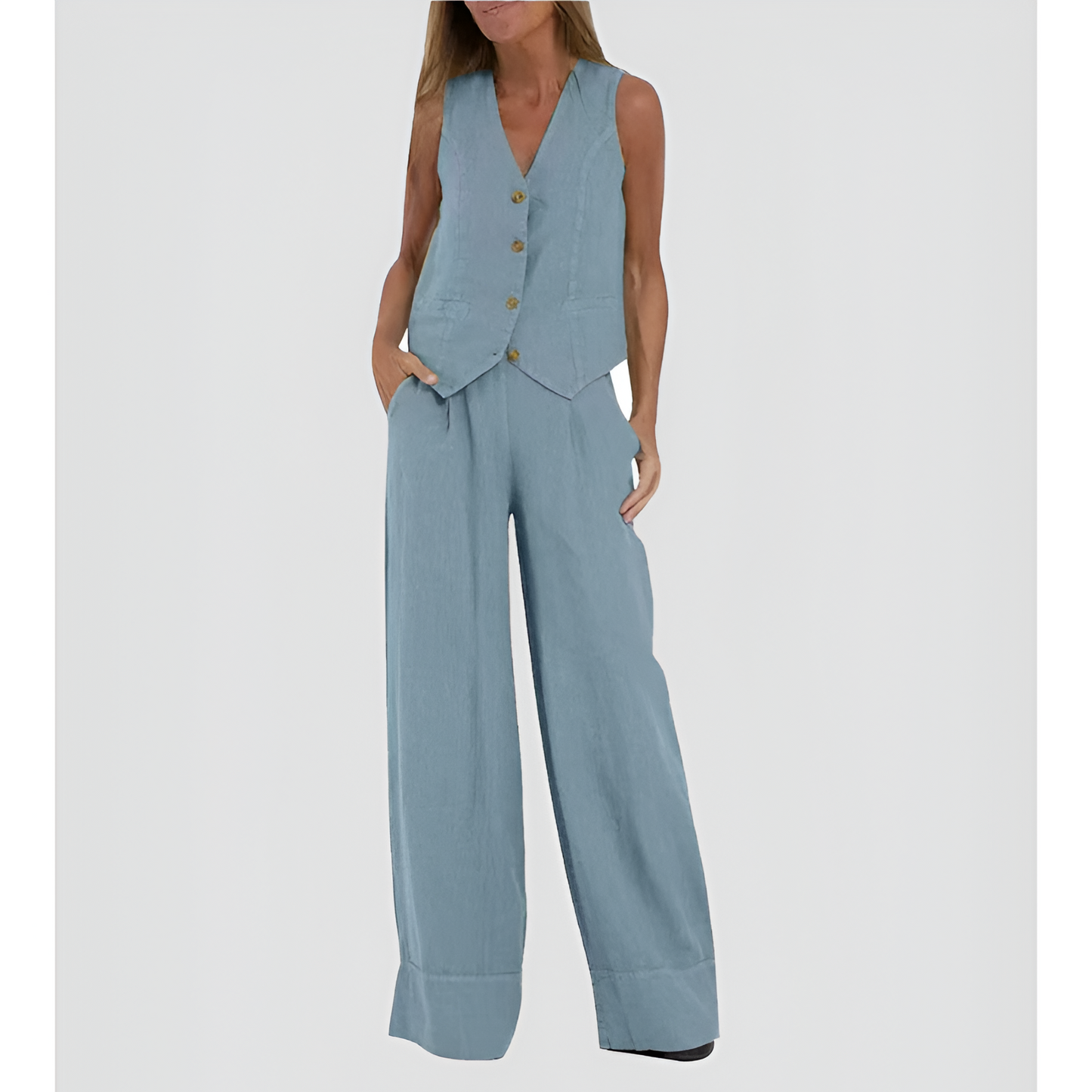 Dames Set - Geknoopt Vest - Brede Pantalon - Elegante Uitstraling