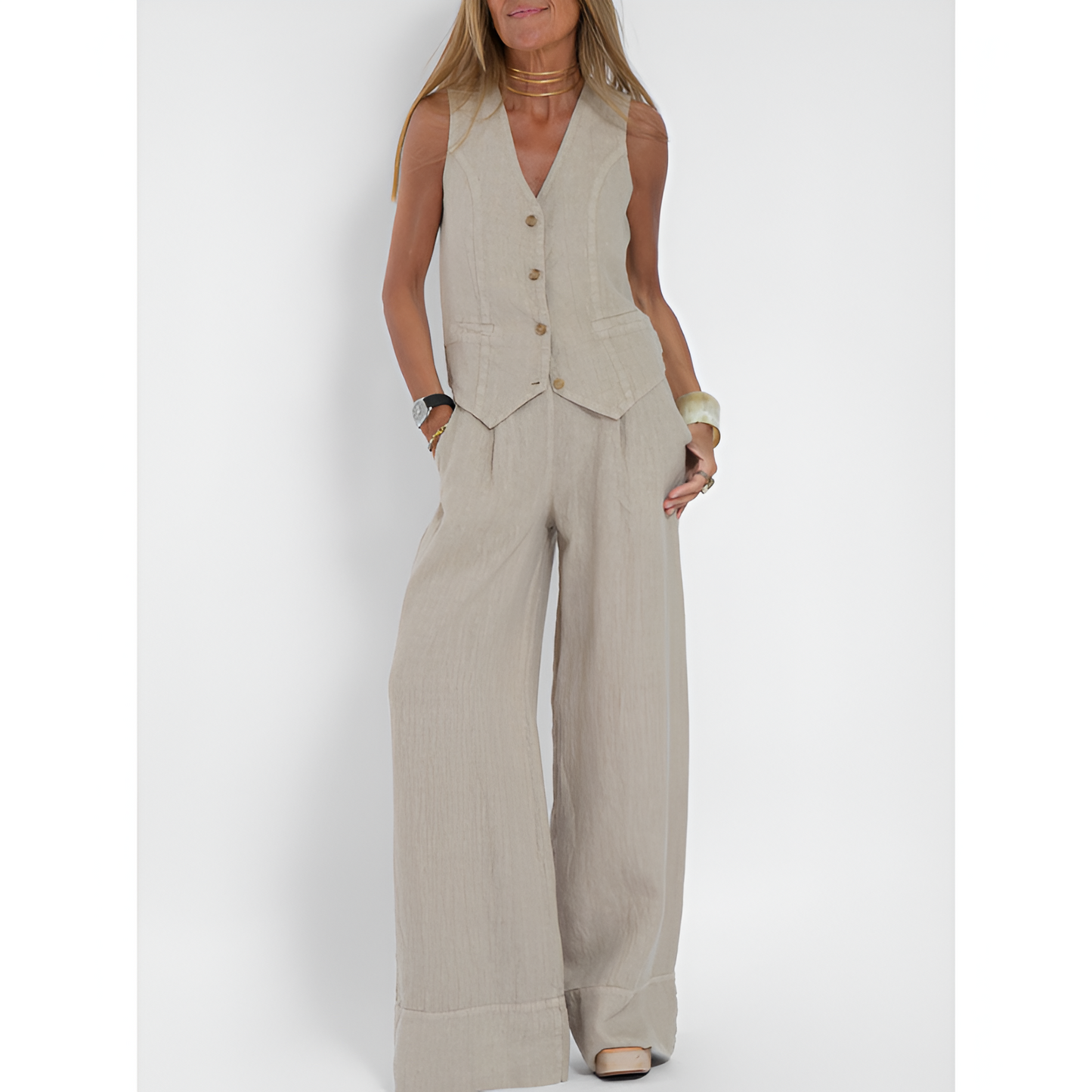 Dames Set - Geknoopt Vest - Brede Pantalon - Elegante Uitstraling