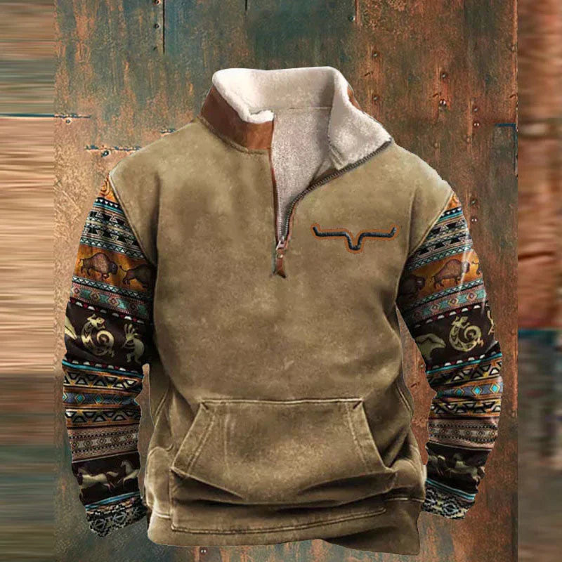 Heren Aztec Fleece Pullover | Halve Rits, Lange Mouwen, Warme Sherpa Voering, Casual Zuidwestelijke Stijl