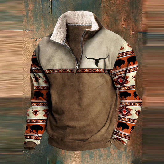 Heren Aztec Fleece Pullover | Halve Rits, Lange Mouwen, Warme Sherpa Voering, Casual Zuidwestelijke Stijl
