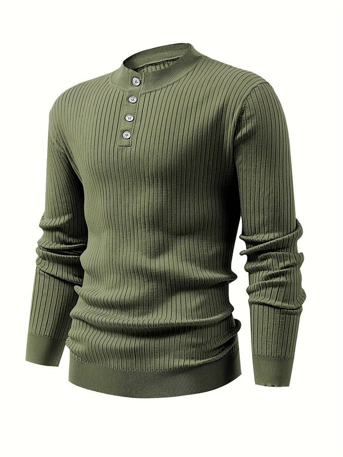 Heren Geribbelde Henley Trui | Casual Lange Mouwen Knoopsluiting Gebreide Pullover