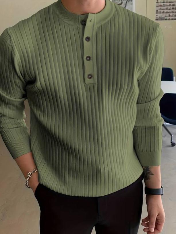 Heren Geribbelde Henley Trui | Casual Lange Mouwen Knoopsluiting Gebreide Pullover