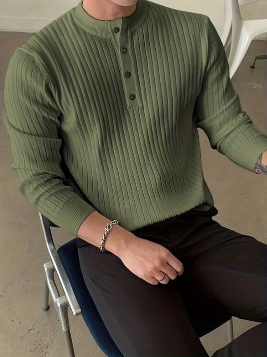 Heren Geribbelde Henley Trui | Casual Lange Mouwen Knoopsluiting Gebreide Pullover