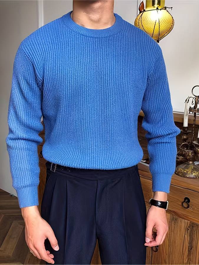 Heren Geribbelde Trui met Ronde Hals | Klassieke Lange Mouwen Gebreide Pullover