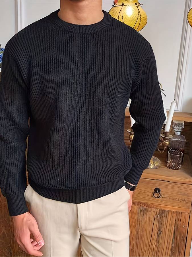 Heren Geribbelde Trui met Ronde Hals | Klassieke Lange Mouwen Gebreide Pullover