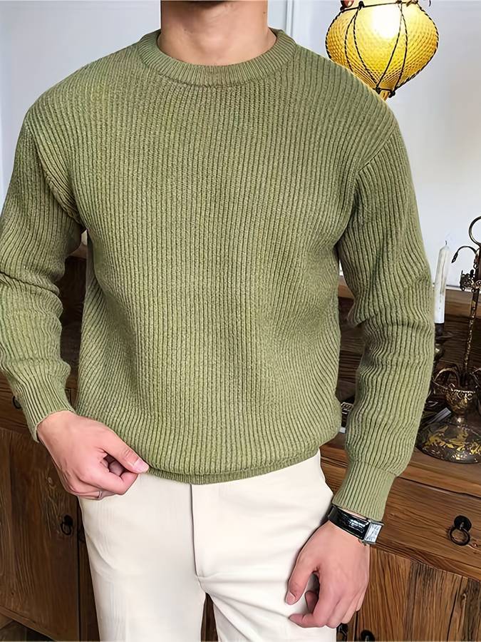 Heren Geribbelde Trui met Ronde Hals | Klassieke Lange Mouwen Gebreide Pullover