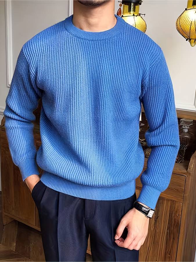 Heren Geribbelde Trui met Ronde Hals | Klassieke Lange Mouwen Gebreide Pullover