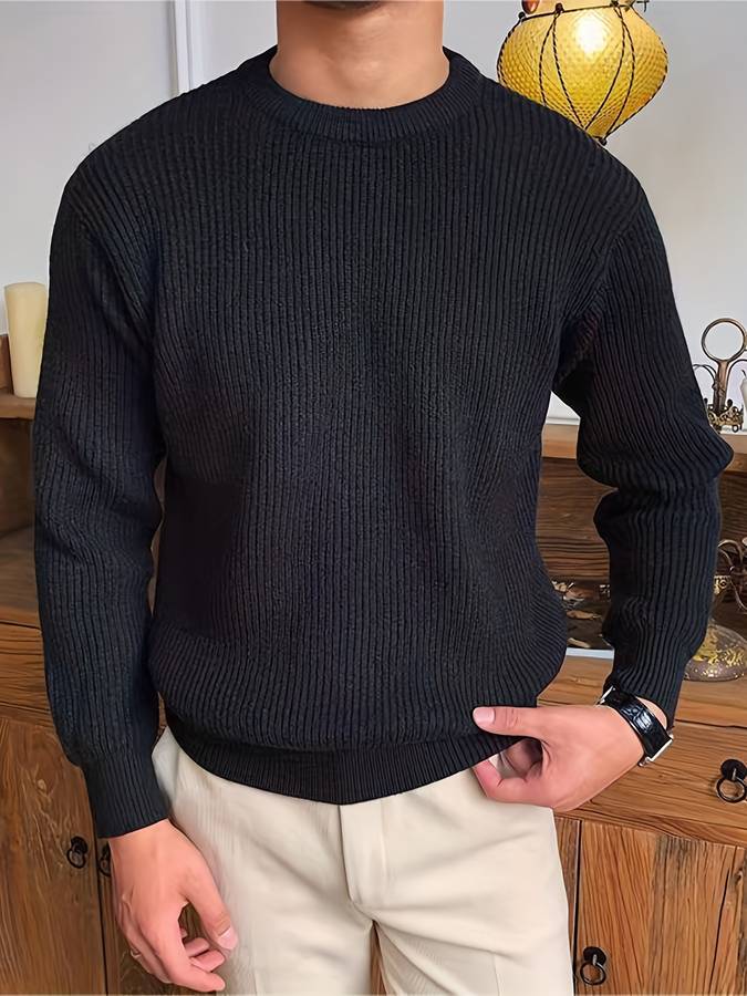 Heren Geribbelde Trui met Ronde Hals | Klassieke Lange Mouwen Gebreide Pullover