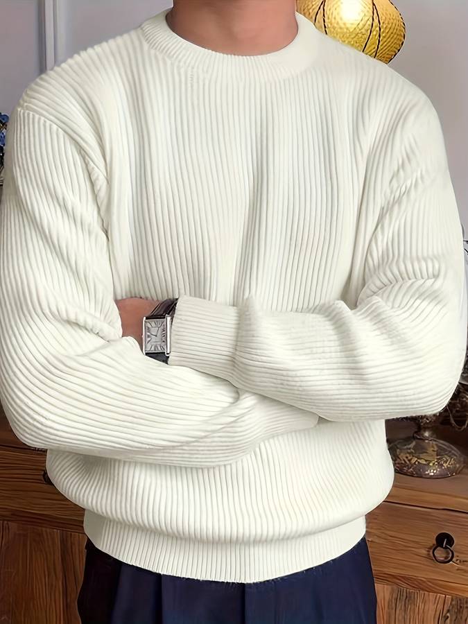 Heren Geribbelde Trui met Ronde Hals | Klassieke Lange Mouwen Gebreide Pullover