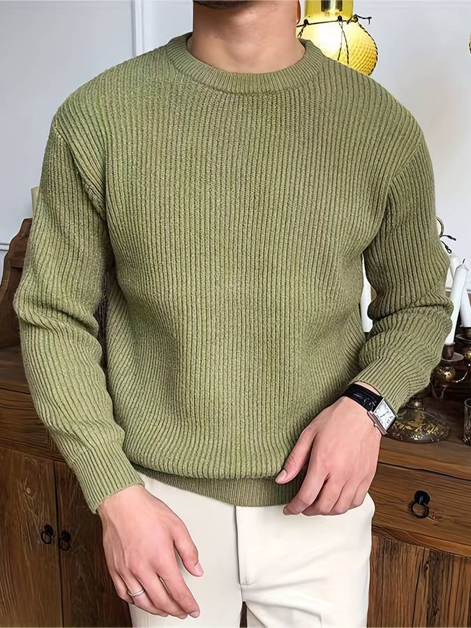 Heren Geribbelde Trui met Ronde Hals | Klassieke Lange Mouwen Gebreide Pullover