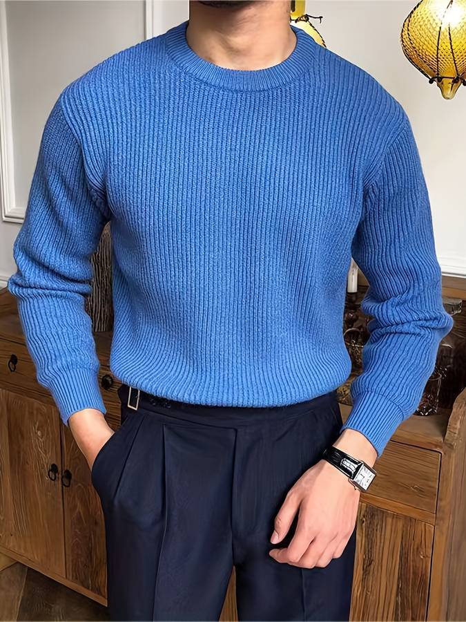 Heren Geribbelde Trui met Ronde Hals | Klassieke Lange Mouwen Gebreide Pullover