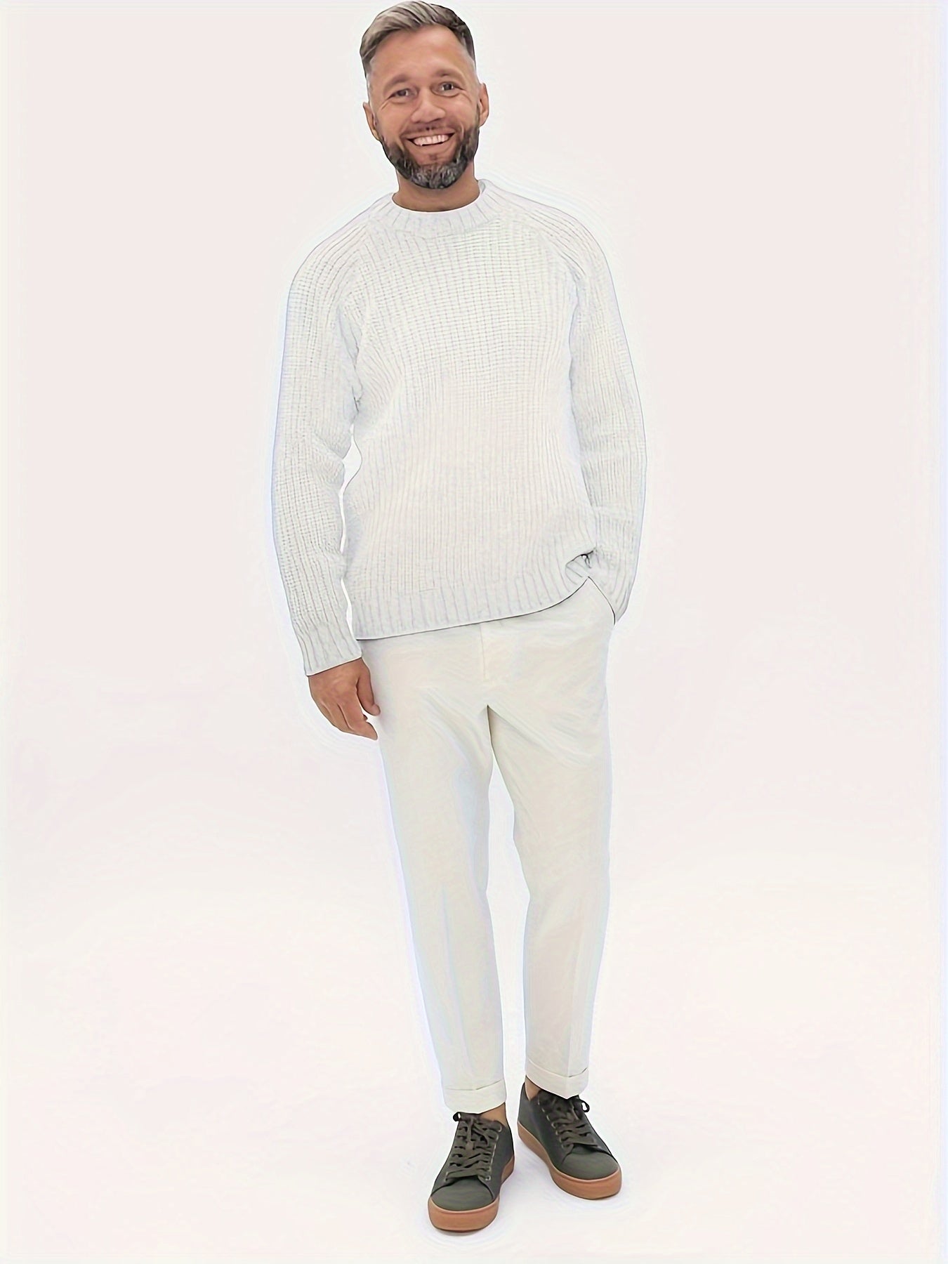 Heren Grove Gebreide Grijze Trui | Comfortabele Geribde Ronde Hals Pullover