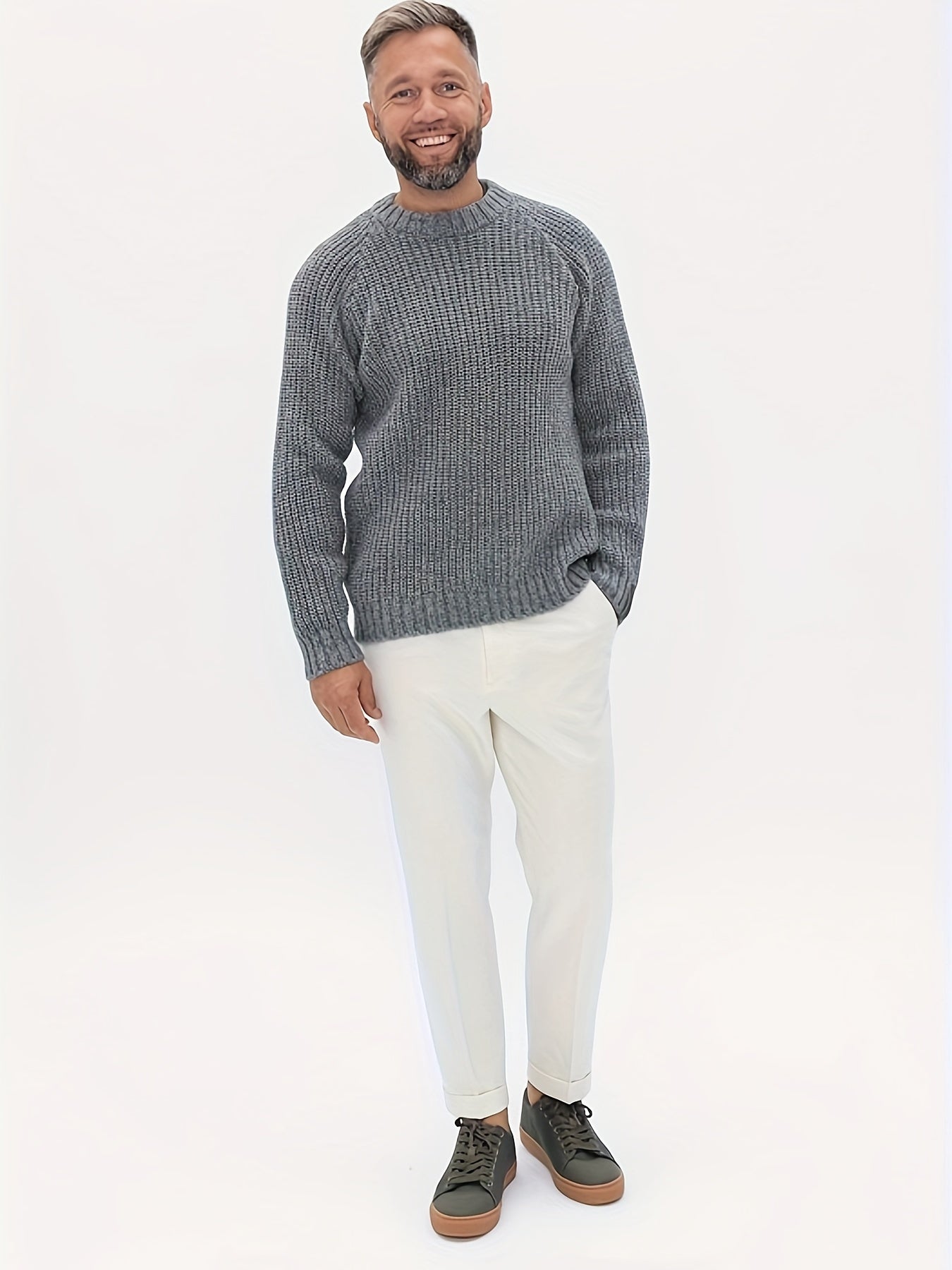 Heren Grove Gebreide Grijze Trui | Comfortabele Geribde Ronde Hals Pullover