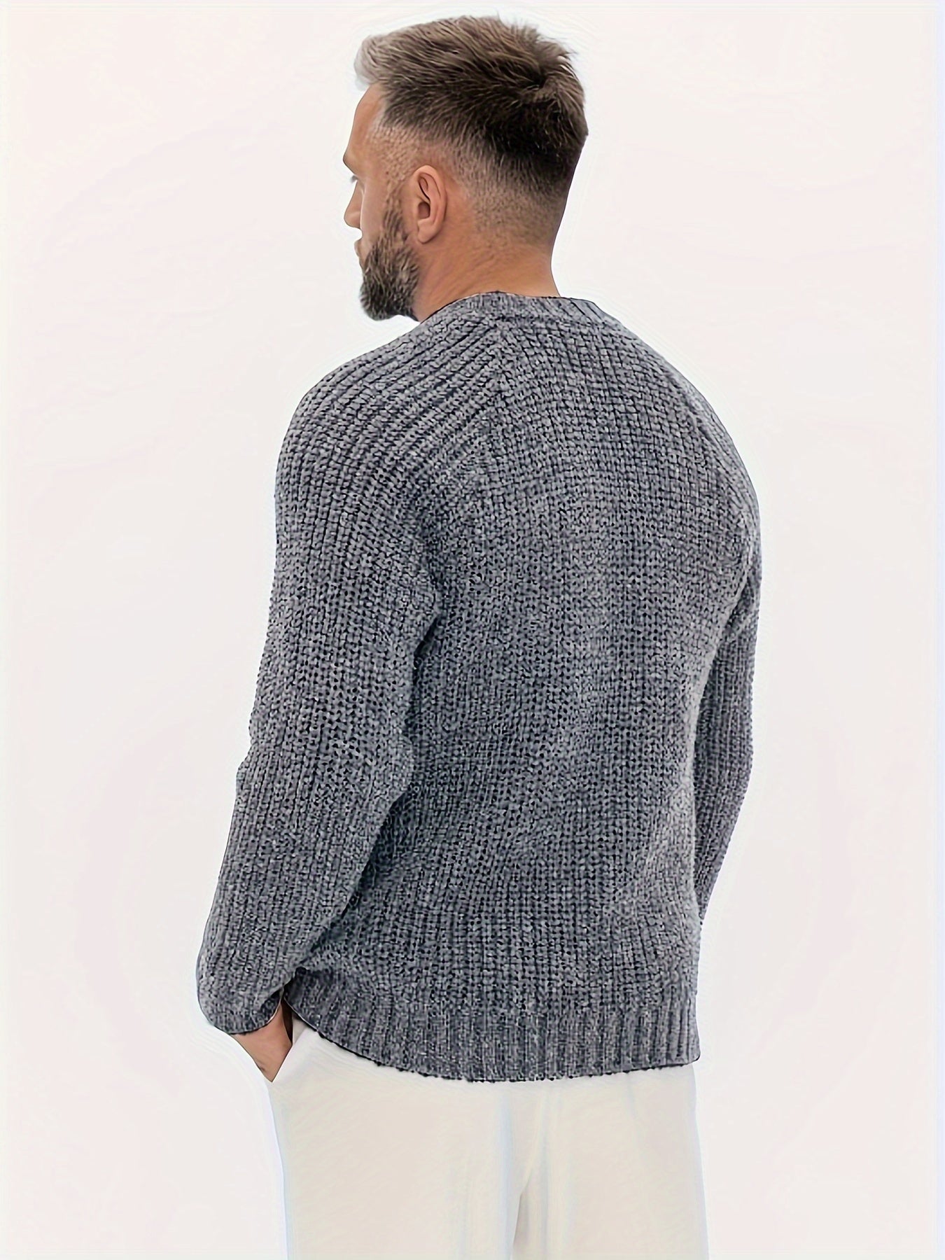 Heren Grove Gebreide Grijze Trui | Comfortabele Geribde Ronde Hals Pullover
