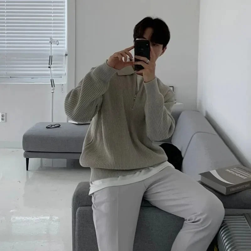 Heren Halve Rits Geribbelde Trui | Casual Lange Mouwen Pullover met Kraag