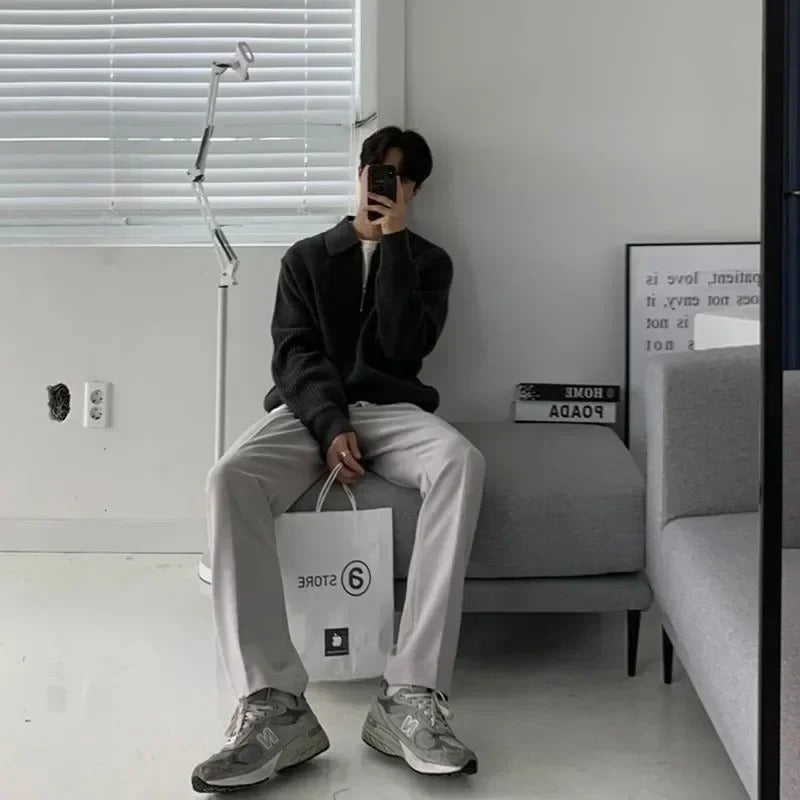 Heren Halve Rits Geribbelde Trui | Casual Lange Mouwen Pullover met Kraag