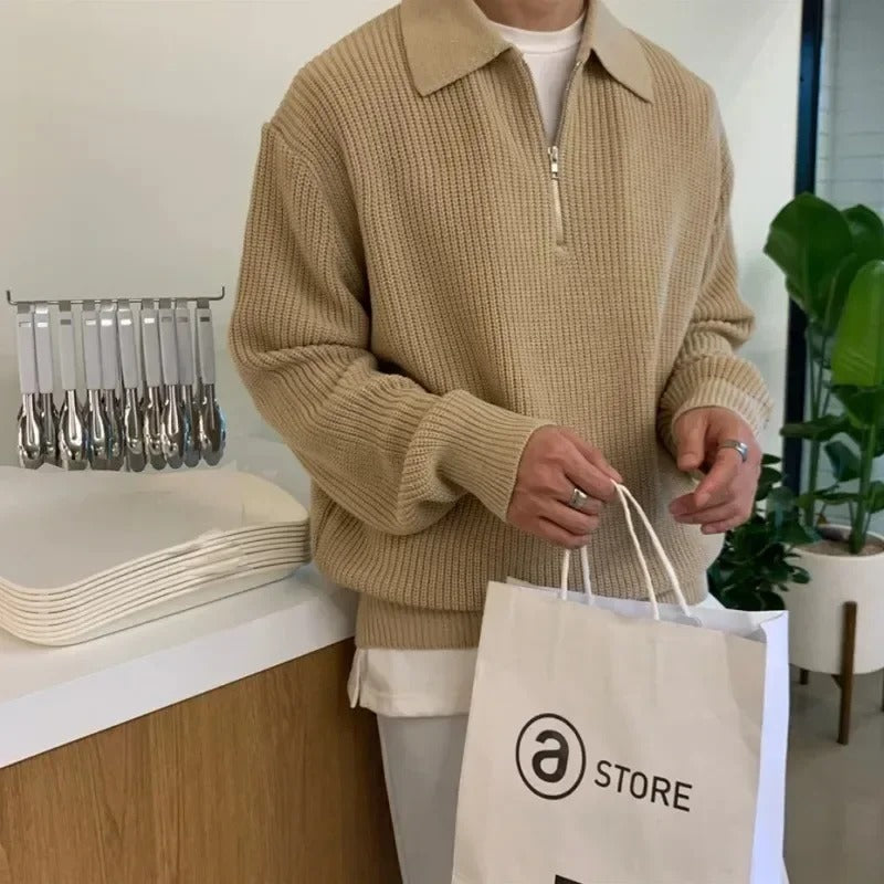 Heren Halve Rits Geribbelde Trui | Casual Lange Mouwen Pullover met Kraag