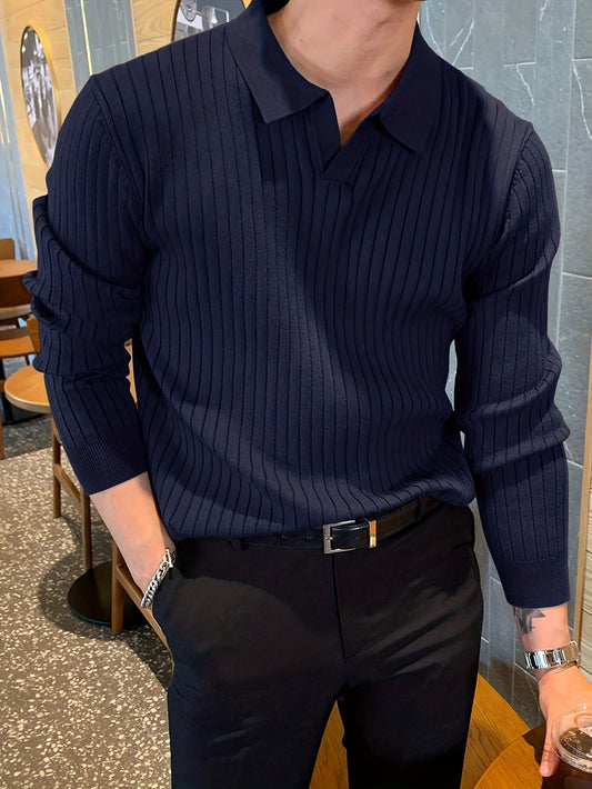 Heren Zwarte Geribde Gebreide Polo Trui | Slim Fit Lange Mouw Pullover