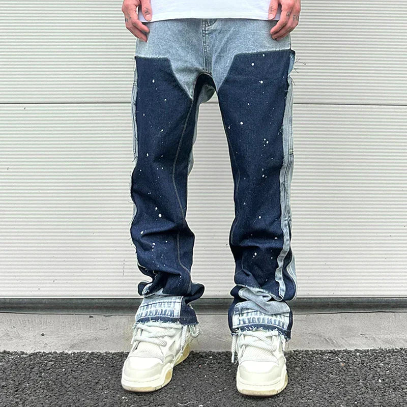 Heritage Stijl Herenbroek - Streetwear - Denim Patchwork - Gevlekte Inkt Kleur - Comfort Fit