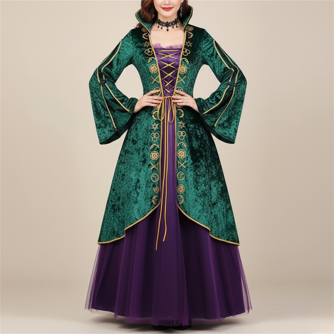 Fluwelen Halloween Hocus Pocus-kostuumjurk met lange mouwen | Maxi