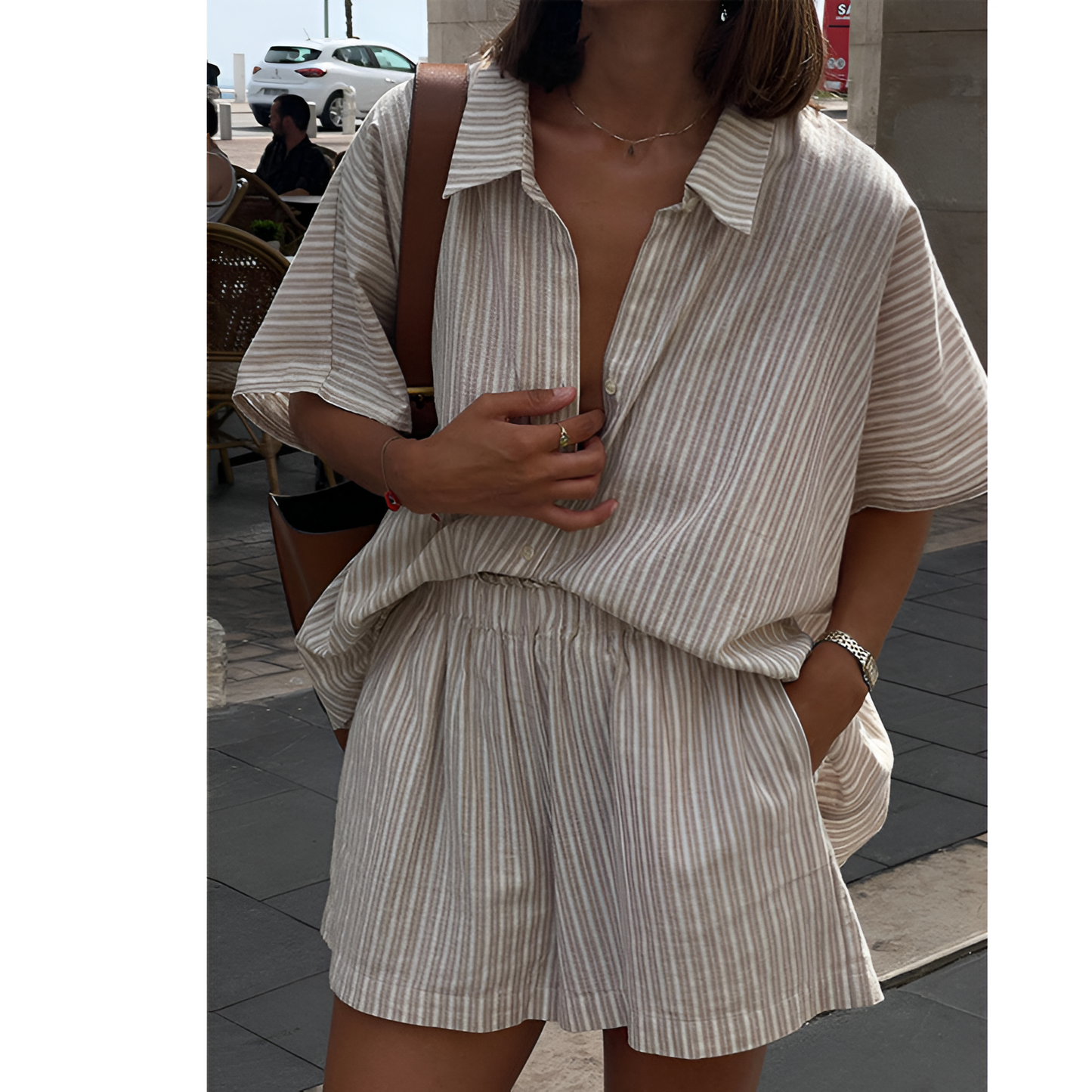 Linnen damesoutfit - klassieke kraag - elastische taille - zomerse stijl