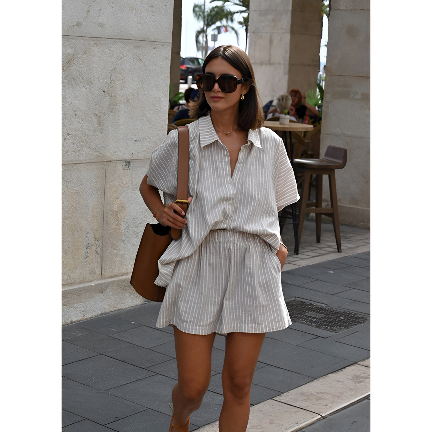 Linnen damesoutfit - klassieke kraag - elastische taille - zomerse stijl