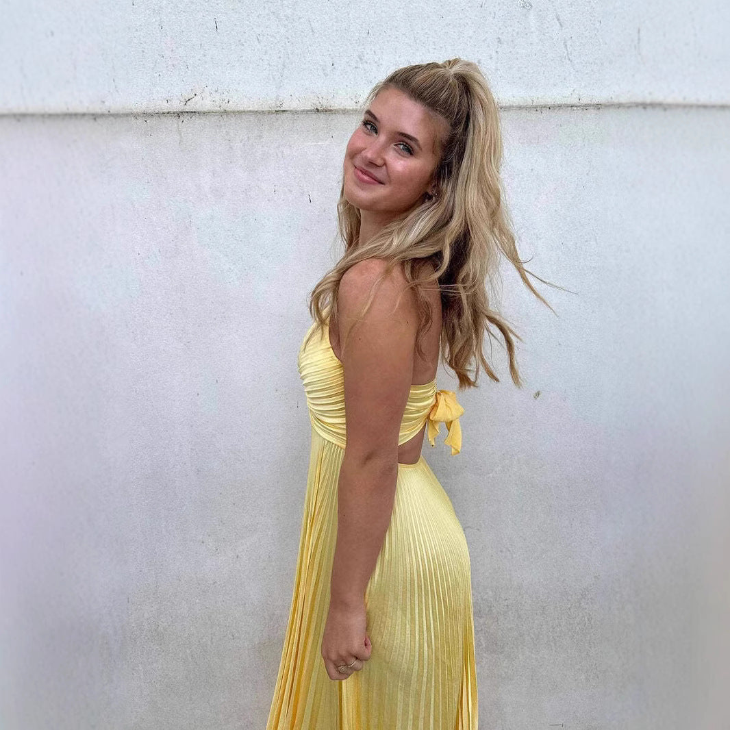 Dames Maxi Jurk - Satijn Look - Geplooide Rok - Empire Taille