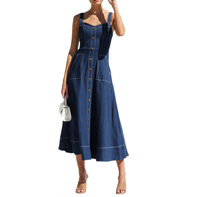 Dames Jurk - Vintage Denim - A-lijn - Spaghetti Bandjes