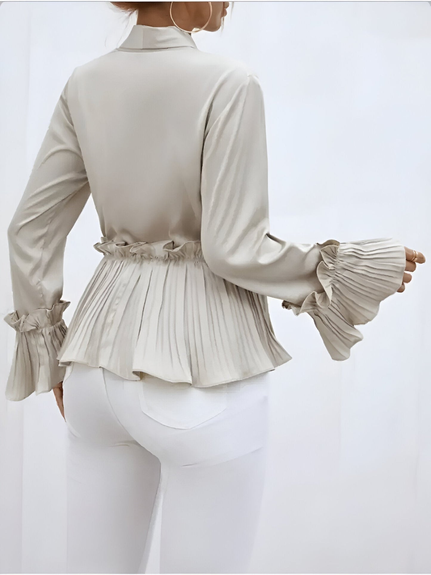 Witte Dames Blouse Lange Mouw Plooien-6