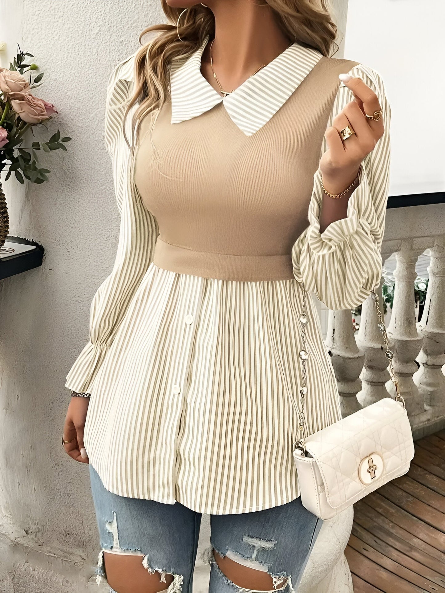 Variant image for Witte Lange Blouse Dames Met Strepen-6
