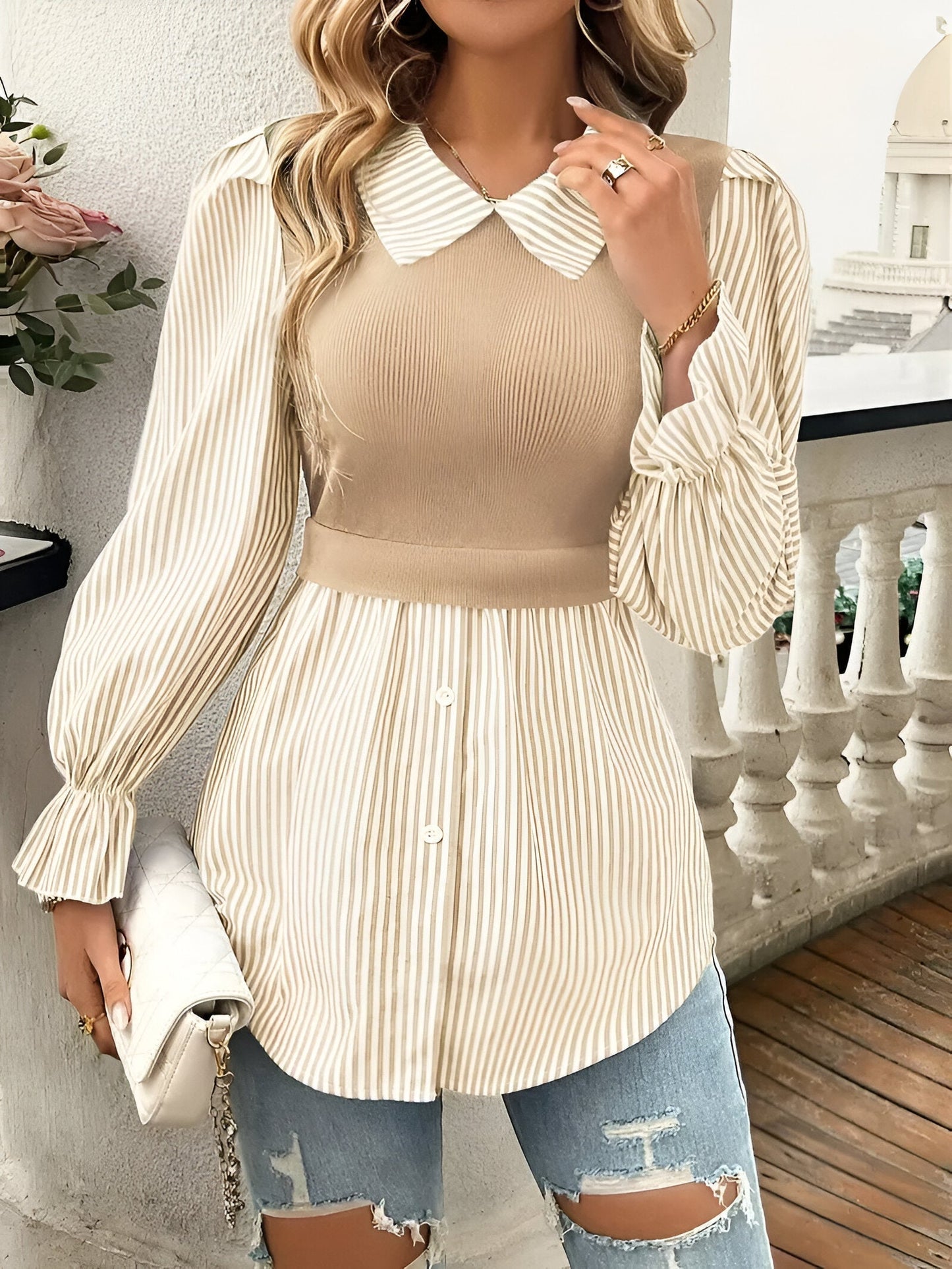 Witte Lange Blouse Dames Met Strepen-5