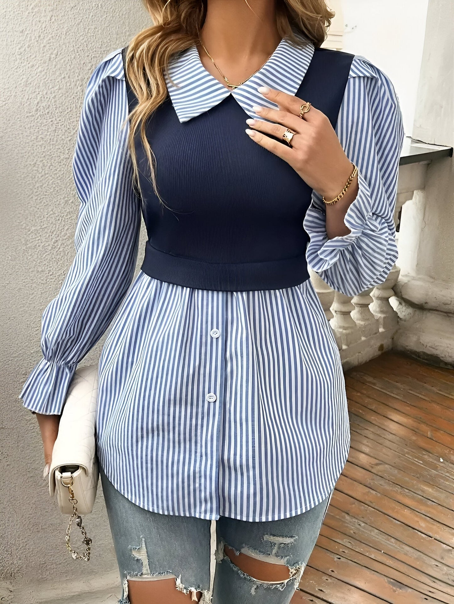 Witte Lange Blouse Dames Met Strepen-4