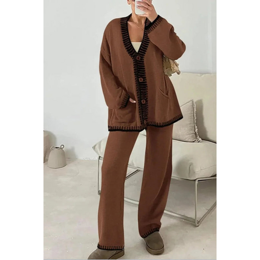 Loungewear-set voor dames – 2-delige set – Cardigan met knopen – Broek met wijde pijpen