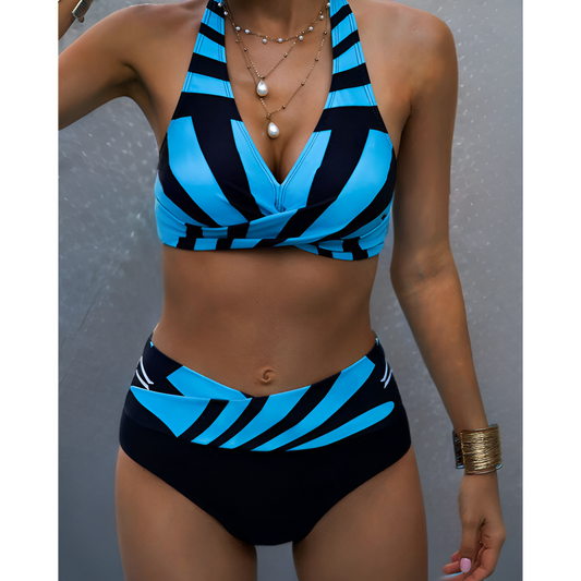 Dames tweedelig zwempak – Elastische stof – Trendy geribde look – Comfortabele pasvorm