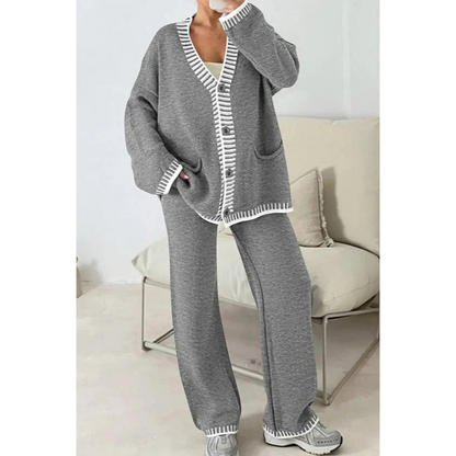 Loungewear-set voor dames – 2-delige set – Cardigan met knopen – Broek met wijde pijpen