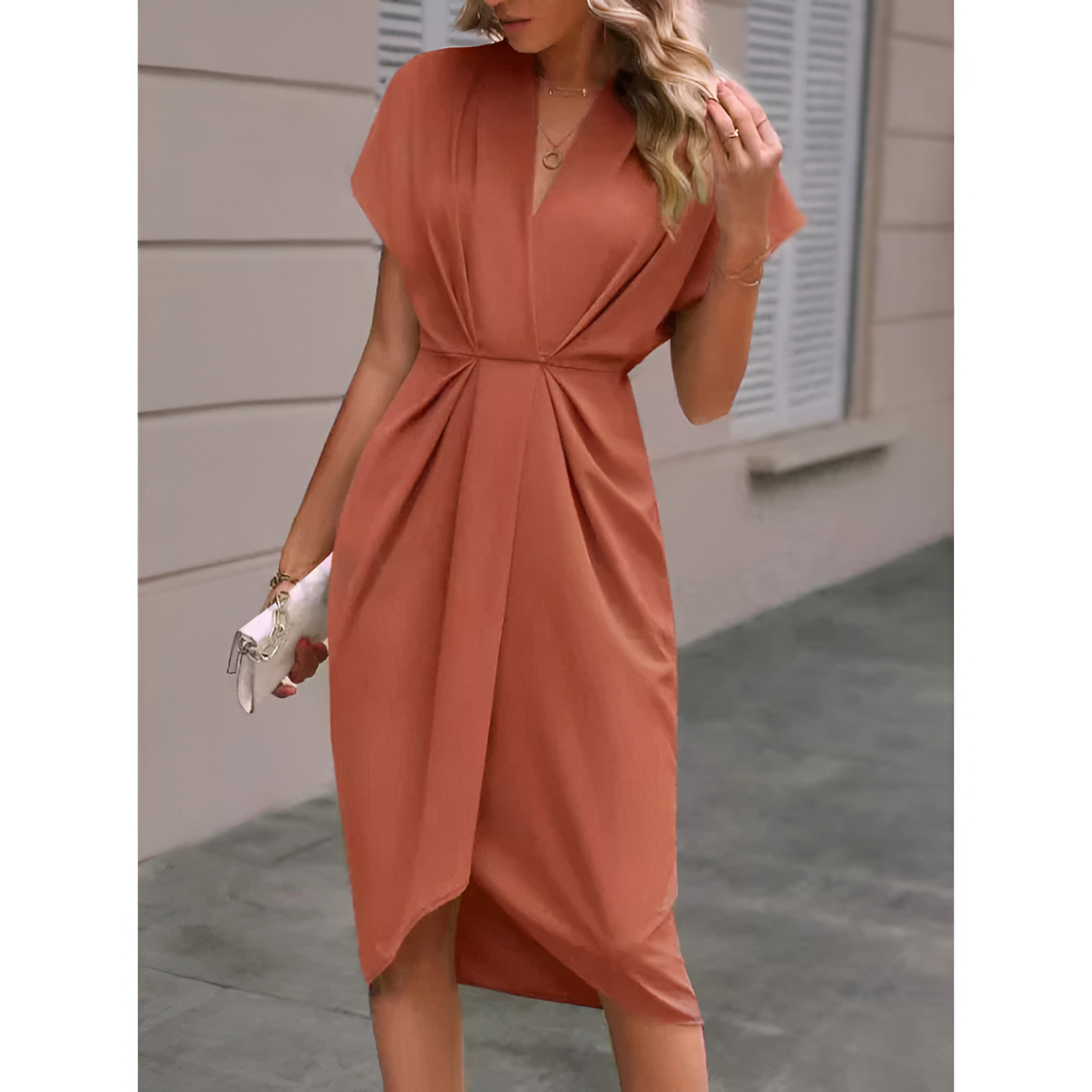 Dames wikkeljurk – elegante stijl – midi-lengte – strikdetail in de taille
