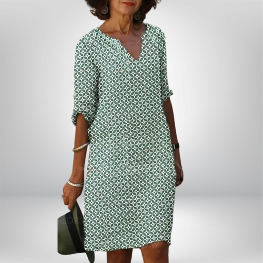 Dames Geometrische Print Jurk Met V-Hals | Casual Losvallende Midi Jurk Met 3/4 Mouwen