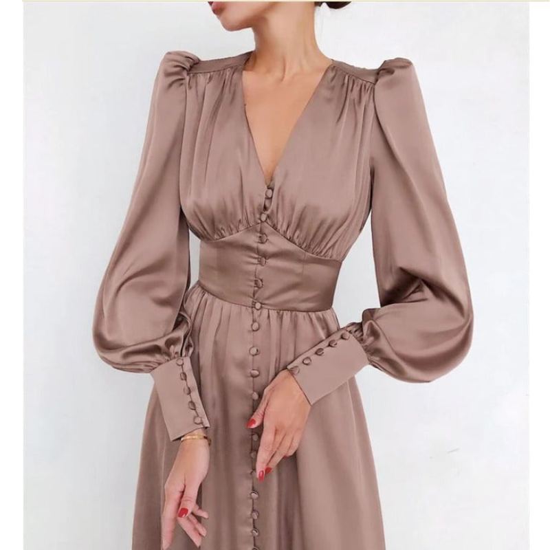 Dames Maxi Jurk – V-Hals – Losvallende Pasvorm – Luxe Stof