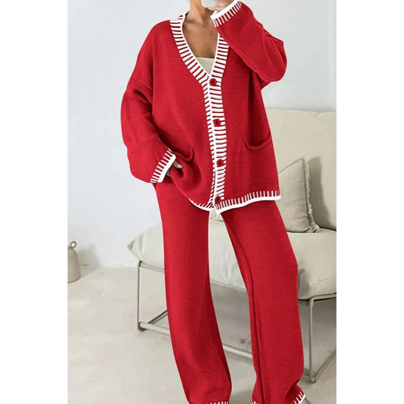 Loungewear-set voor dames – 2-delige set – Cardigan met knopen – Broek met wijde pijpen