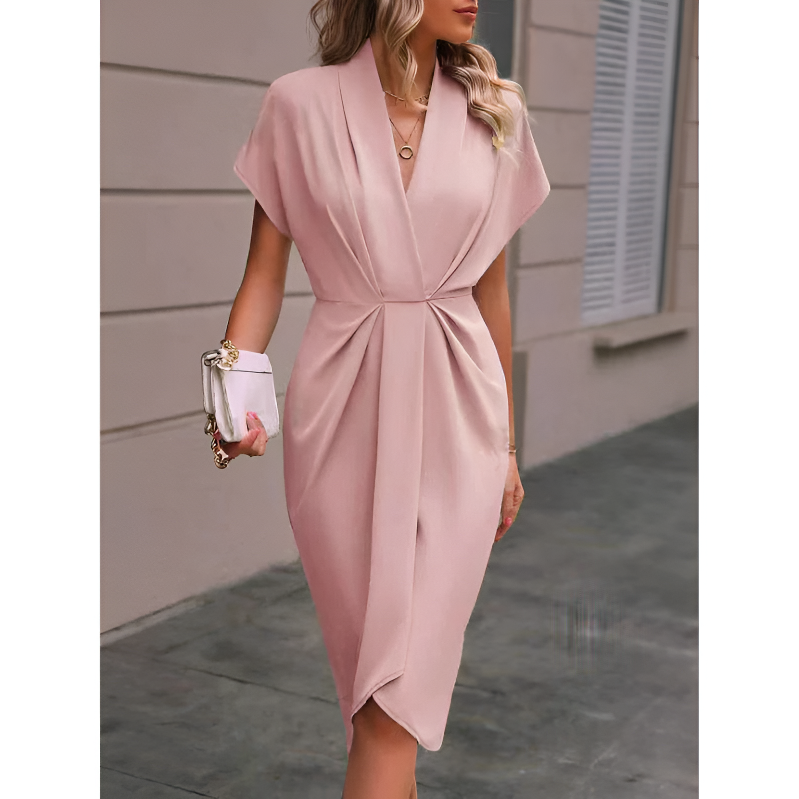 Dames wikkeljurk – elegante stijl – midi-lengte – strikdetail in de taille