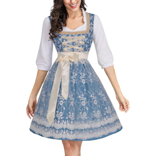 Blauwe dirndljurk met blouse en kanten schort – Oktoberfest | Feestelijk traditioneel kostuum voor vrouwen