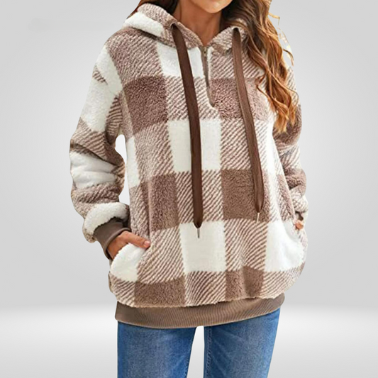 Hoodie voor dames – Halve ritssluiting – Ruitjespatroon – Comfortabele pasvorm