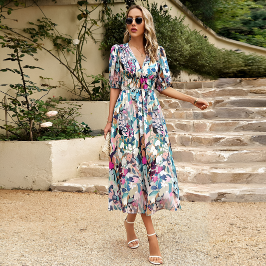 Dames Jurk - V-hals Design - Retro Charme - Midi Lengte

