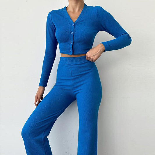 Dames loungewear tweedelig – Top met lange mouwen – Broek met wijde pijpen – Comfortabel en chic