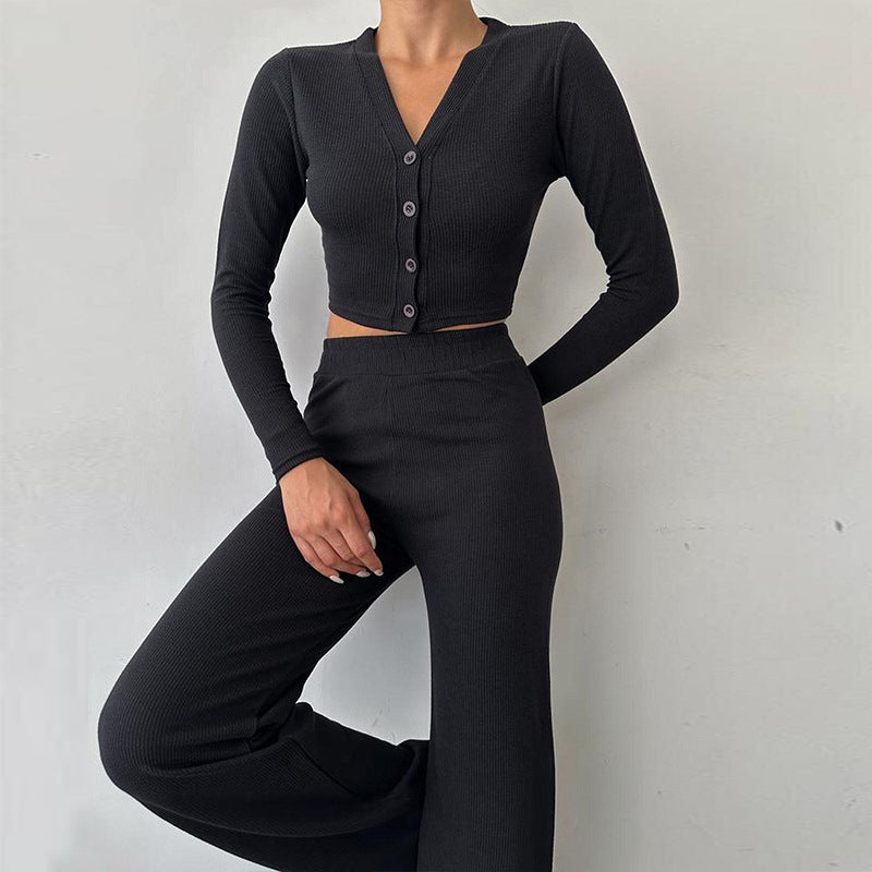 Dames loungewear tweedelig – Top met lange mouwen – Broek met wijde pijpen – Comfortabel en chic