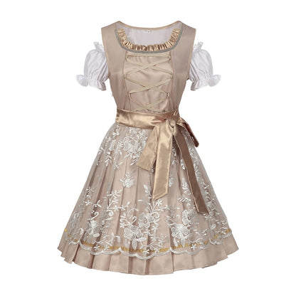 Dirndljurk in champagnegoud – Oktoberfest | Elegante traditionele jurk met schort en blouse