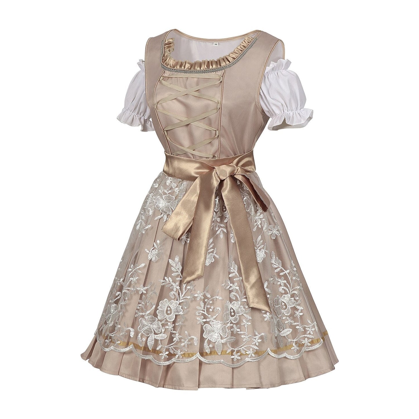 Dirndljurk in champagnegoud – Oktoberfest | Elegante traditionele jurk met schort en blouse