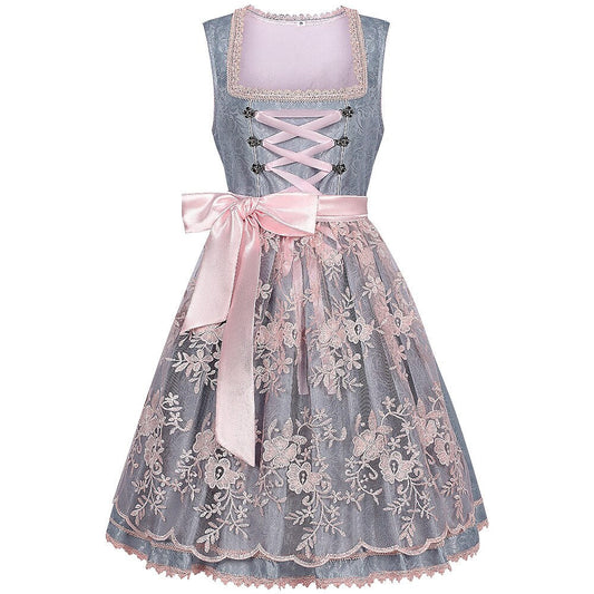 Dirndljurk in grijs – Oktoberfest | Met roze kanten schort voor een elegante traditionele stijl